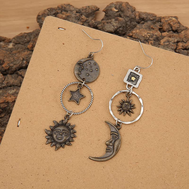 Vintage Sun Moon Star Asymmetric Drop Earrings