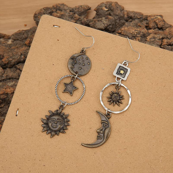 Vintage Sun Moon Star Asymmetric Drop Earrings