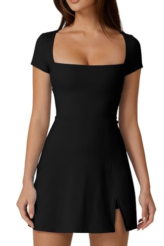 QINSEN Womens Square Neck Tennis Dress Short Sleeve Built in Shorts Golf Athletic Dress with Pockets