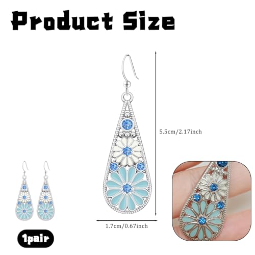 Bohemian Crystal Teardrop Pendant Earring,Vintage Olive Green Hollow Out Flower Floral Dangle Earrings,National Style Geometry Enamel Flower Hook Secondary image
