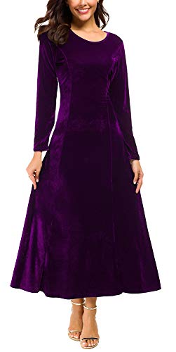 Urban CoCo Women's Elegant Velvet Midi Dress Scoop Neck Long Sleeve Ruched Secondary image