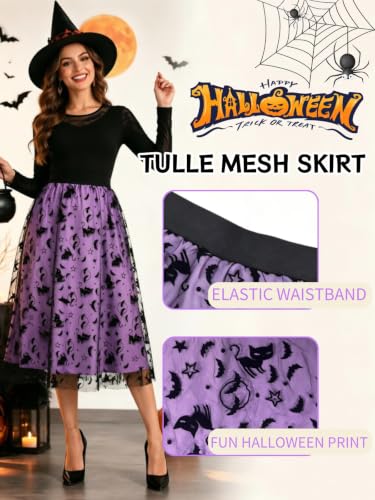 Women's Halloween Tulle Midi Skirt, Flocked Print Witch Costume Skirt