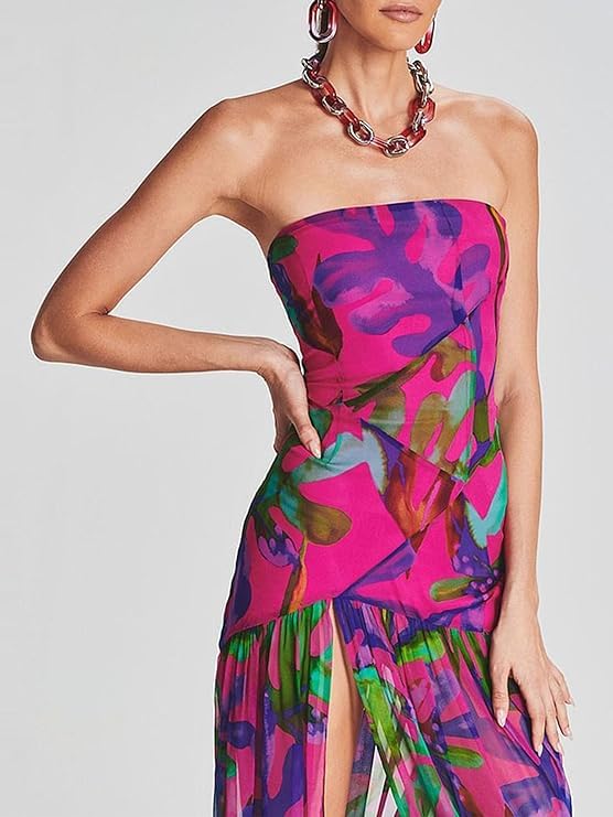 Women Tube Top Dress Tiger Stripe Mesh Patchwork Maxi Dress Strapless Sexy High Slit Long Dresses Beach Vacation