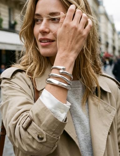 Chunky Gold Bangle Bracelets for Women, Dainty 14k Gold Plated Big Stackable Bangles Set, Trendy Statement Cuff Bracelet Stack Fashion Jewelry Gifts