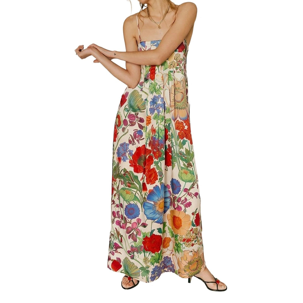 ABYOVRT Women Boho Floral Maxi Dress Backless Spaghetti Strap A-Line Flowy Summer Vacation Long Dress