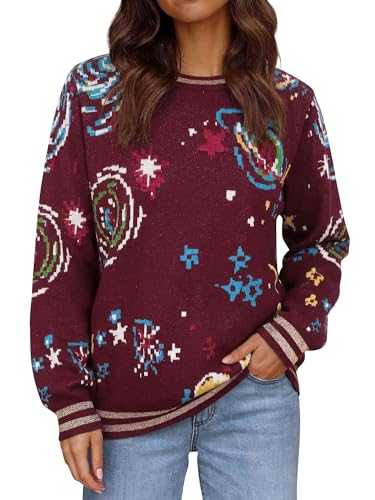 Women's Retro Space Galaxy Graphic Knit Sweaters Vintage Crewneck Pullover
