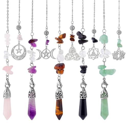 GOMAKERER 5 Pcs Natural Gemstones Pendulum, 5 Styles Crystal Dowsing Pendulum Reki Gemstone Chips Pendulum for Women Man Divination Wicca Meditation Main image