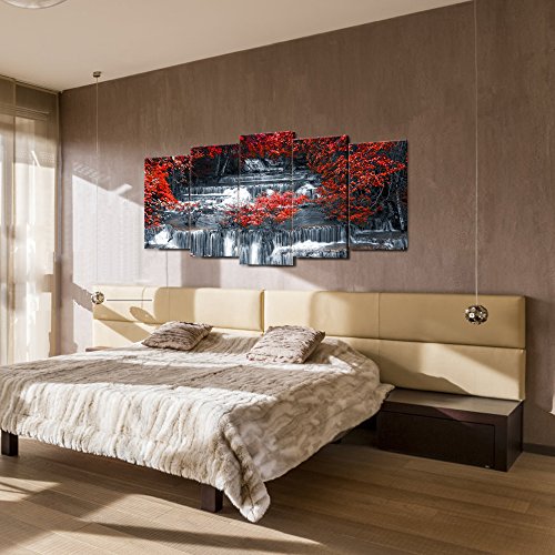 5 Pieces Large Black and Red Canvas Wall Art – Waterfall Landscape (Art Deco)