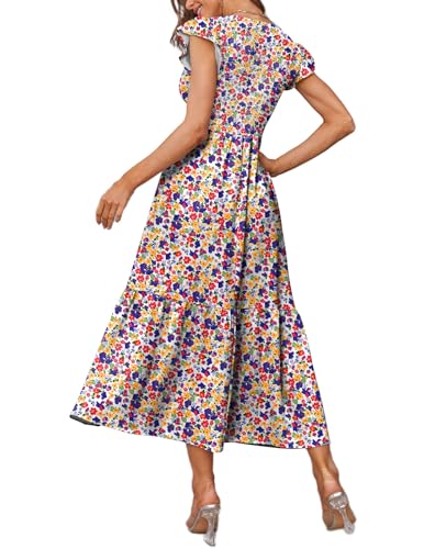 OFEEFAN Women's Casual Maxi Dresses with Pockets Ruffle Sleeve Smocked Dress XS-2XL