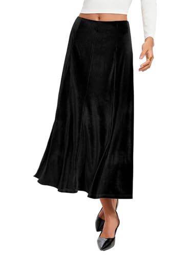 Urban CoCo Women's Velvet A-Line Midi Skirt High-Waisted Stretch