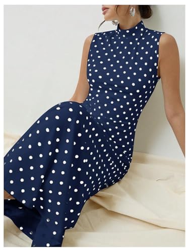 Milumia Women's Polka Dots Maxi Tank Dress Vintage Mock Neck Long Dresses