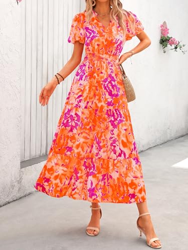MASCOMODA Summer Maxi Dresses for Women 2026 Short Sleeve Long Floral Dress