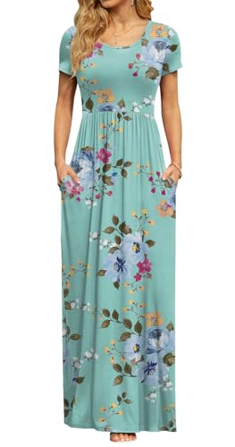 DB MOON Women's Summer Maxi Dress Casual Short Sleeve Empire Waist Pockets