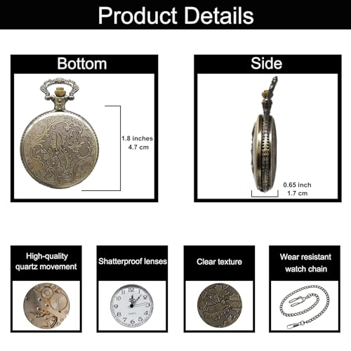 Vintage Quartz Pocket Watch with Flower Pattern Cover and Chain for Wo