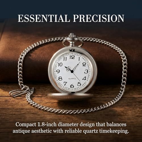 Smooth Vintage Pocket Watch with Chain, Arabic Numerals Scale