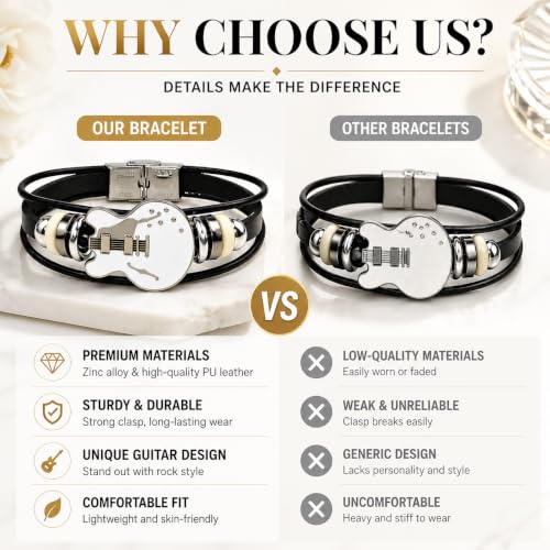 Retro Guitar Leather Bracelet for Man Women Unique Bead Braided Handmade Ethnic Tribal Cuff Multi-Layer Cords Wrap Music Shape Punk Rock Jewelry Gifts Wristband
