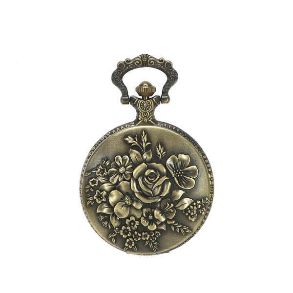 Retro Flower Openwork Cover Quartz Pocket Watch with Chain Half Hunter