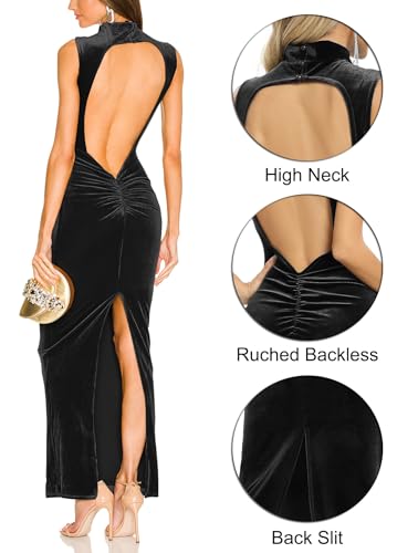 Women Backless Velvet Bodycon Maxi Dress High Neck Ruched Slit Party Dress