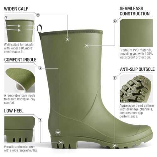 Hisea Women Rubber Boots Wide Calf Rain Boots Matte Surface Waterproof