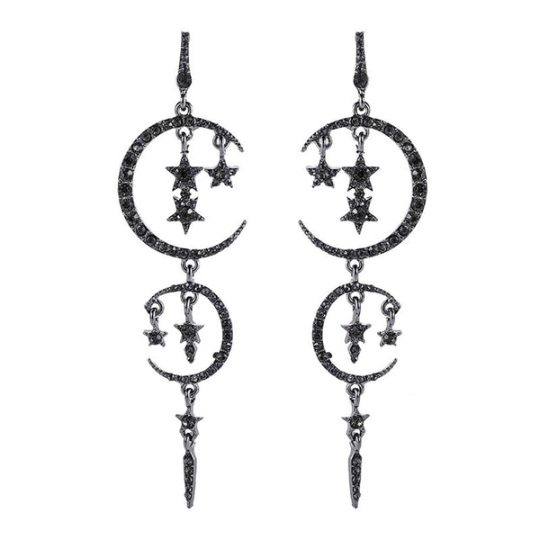 Moon and Star Drop Earrings Exaggerated Fashion Long Drop Dangle Stud Drop Earrings for Women,Black