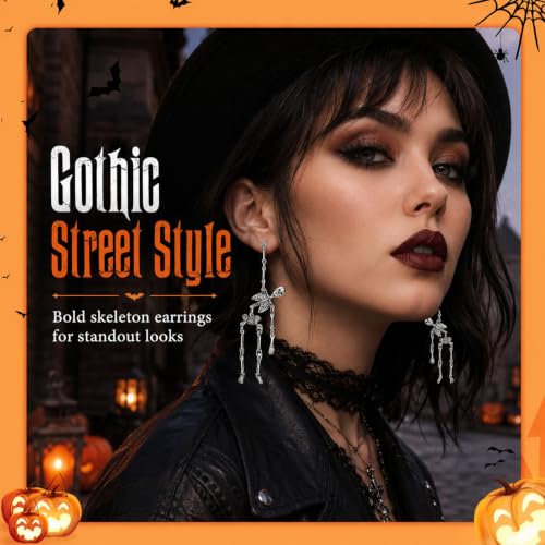 Gothic Skeleton Earrings for Women, Articulated Silver Skull Dangle Jewelry