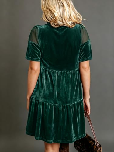 miduo Womens Scallop Neck Short Sleeve Velvet Lace Mini Babydoll Dress