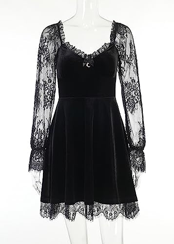 TSMNZMU Women Gothic Velvet Dress - Lace Long Sleeve Midi Lolita Dresses