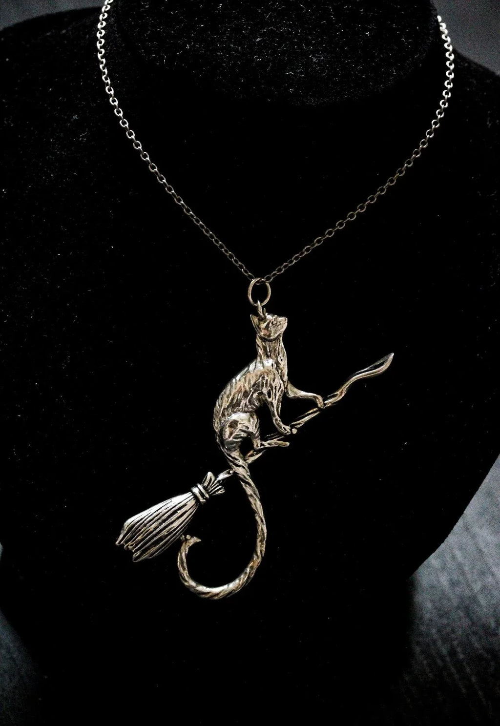 Cat Riding Broomstick Necklace