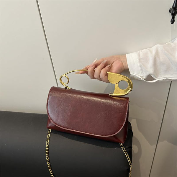 Women's Safety Pin Leather Crossbody Clutch with Gold Handles & Chain