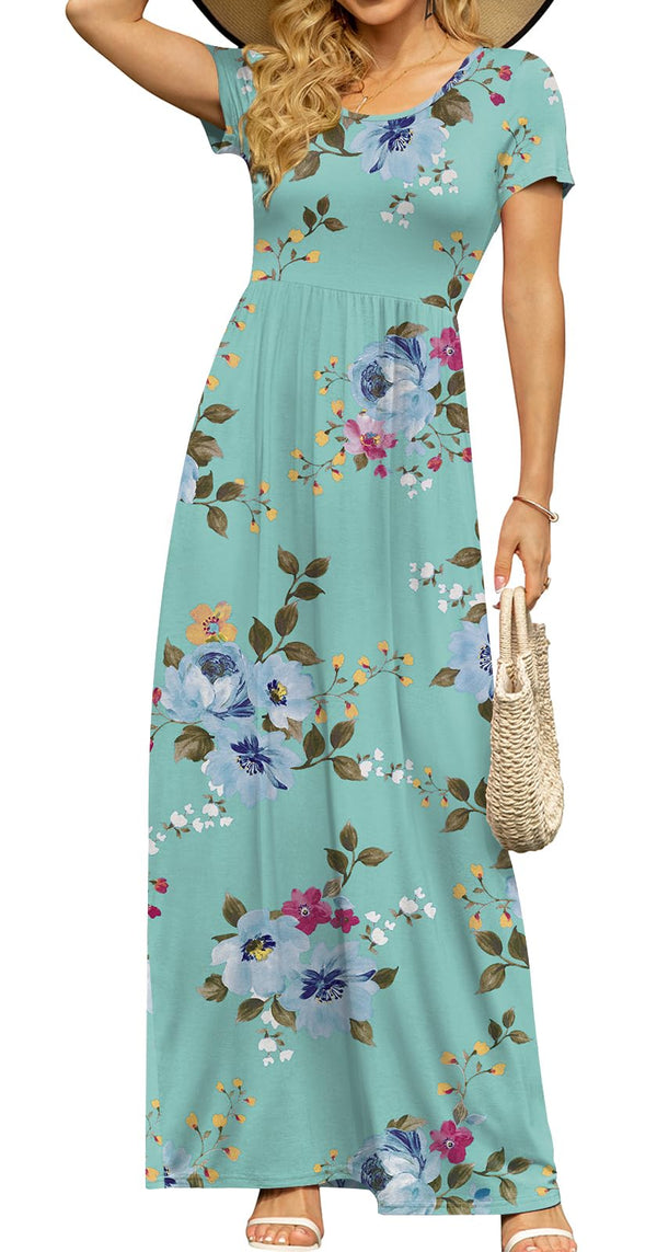 DB MOON Women's Summer Maxi Dress Casual Short Sleeve Empire Waist Pockets