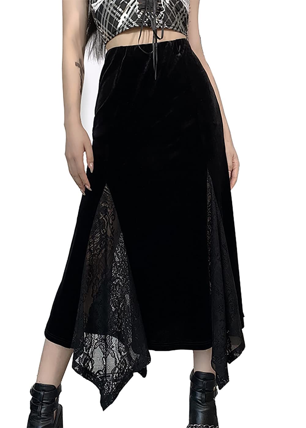 TSMNZMU Women Gothic Long Skirts Vintage Dark Lace Patchwork Skirts Grunge Harajuku Fairy Skirt Emo Alt Clothes