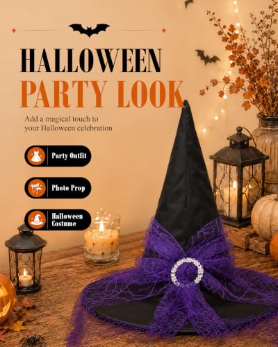 Edoneery Halloween Witch Hat for Women, Mesh Lace Cosplay Costume Accessory