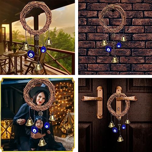 Witch Bells for Door Knob Protection,Witchy Wicca Decor Clear Negative Energies with Blue Evil Eyes for Home Garden Courtyard Decor Protection