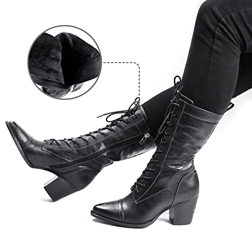 UTIKLIOU Women's Mid Calf Boots Lace up Combat Boots Leather Side Zipper Winter Boots Faux Fur Lining