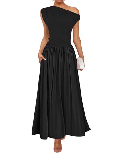 ZESICA Womens Sleeveless One Shoulder Maxi Dress with Pockets