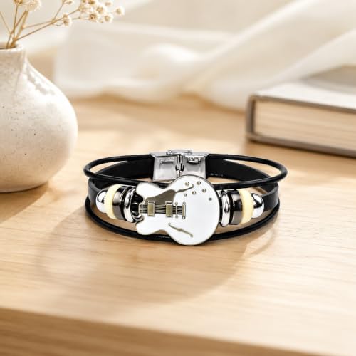 Retro Guitar Leather Bracelet for Man Women Unique Bead Braided Handmade Ethnic Tribal Cuff Multi-Layer Cords Wrap Music Shape Punk Rock Jewelry Gifts Wristband