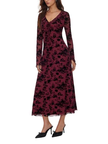 CIDER Women's Floral Velvet Dress Mesh Long Sleeve Maxi Dress