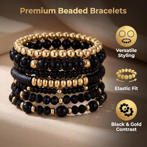 Bohemian Stackable Beaded Bracelets for Women, Multilayer Stretch Bead Bracelet Set, Vintage Boho Stacking Bracelets, Bohemian Jewelry Gifts for Women (Black)