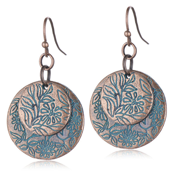 Vintage Bronze Spiral Leaf Hoop Boho Earrings