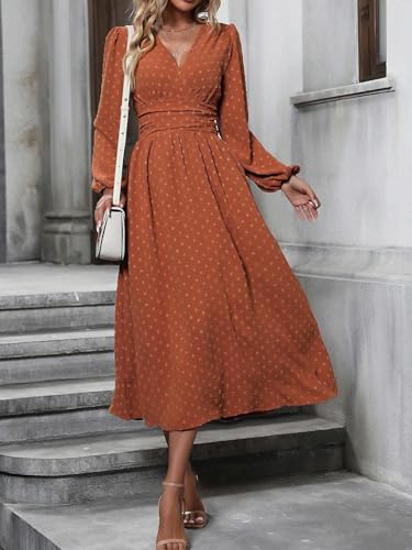 Mettclasi Women's Spring Fall Swiss Dot V-Neck Midi Dress Casual Puff Long Lantern Sleeve A-Line Flowy Wedding Guest Dress
