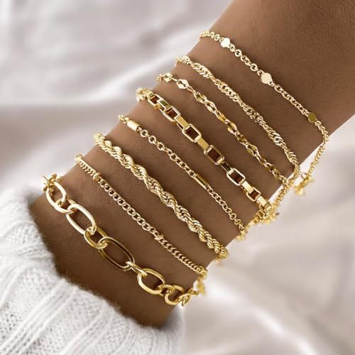 IFKM Gold Bracelets for Women, 14K Gold Plated Dainty Link Chain Bracelet set, Trendy Stackable Layered Bracelets jewelry Gifts