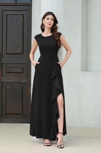 MUSHARE Women's Cocktail Dresses with Pockets Ruffled Sexy Split Party Long Formal Dress