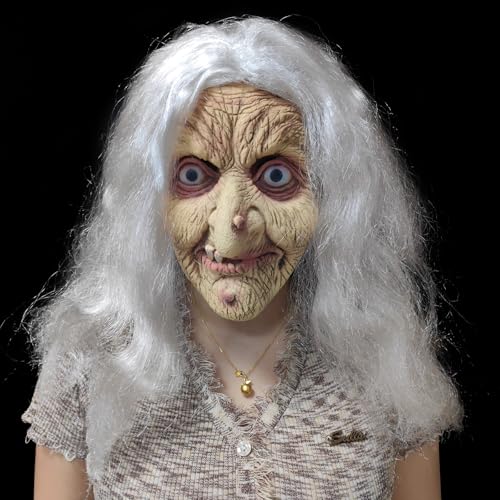 Old Lady Witch Latex Mask with White Hair – Realistic Halloween Costume Mask for Masquerade Party, Warty Nose & Chin Mole