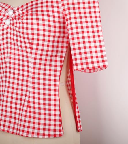 YARN & INK Women's 1950s Pinup Tops, Rockabilly Vintage Blouse Medium Sleeves Sweetheart V-Neck Shirt