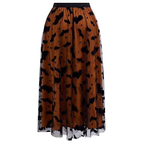 CHICWISH Women's Pumpkin Tulle Tutu Skirt Velvet Bats Elastic Waist Halloween Party Layered Mesh Midi Skirt Halloween Costume