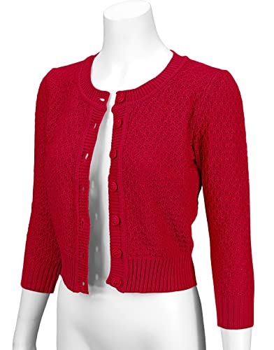 YEMAK Women's Cropped 3/4 Sleeve Crewneck Button-Down Cardigan Sweater