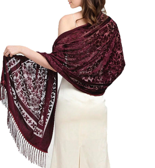 Forlisea Women's Velvet Vintage Floral Rose Shawl Wrap,Sheer Mesh Lace Scarf with Tassels,Evening Shawl for Wedding