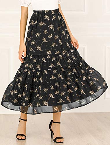 Allegra K Women's Floral Skirt Chiffon A-line Long Tiered Ruffle Maxi Skirt