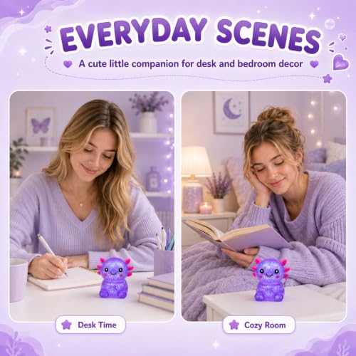 Axolotl Squishy Stress Relief Toy for Kids & Adults, Cute Glitter Sensory Fidget Toy, Soft Squeeze Toy for Anxiety Relief, Birthday Party Favor Gift (Purple)
