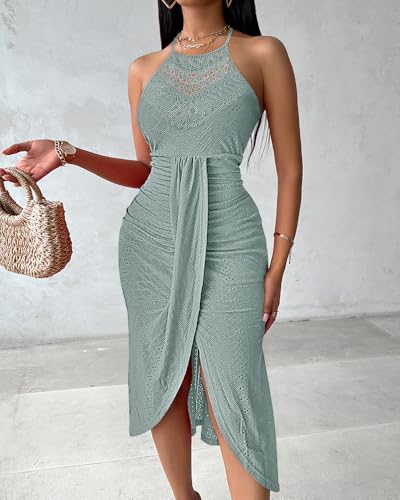 CHICME Womens Summer Halter Dress Hollow Out A Line Vacation Dress